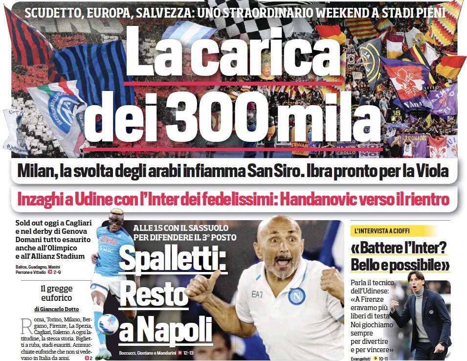 Заряд 300 тысяч. Заголовки Gazzetta, TuttoSport и Corriere за 30 апреля