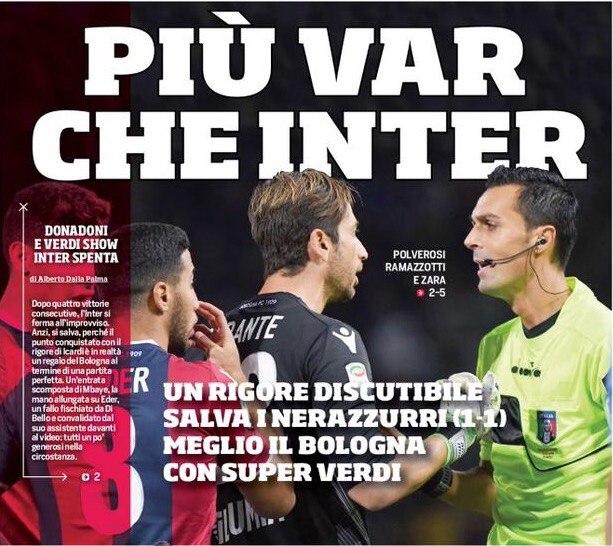 Скорее видеоповтор, чем «Интер». Заголовки Gazzetta, TuttoSport и Corriere за 20 сентября