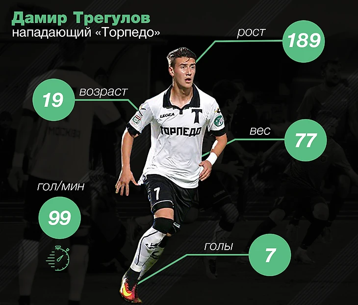 Общие характеристики Дамира Трегулова - рост, вес, количество голов в сезоне.