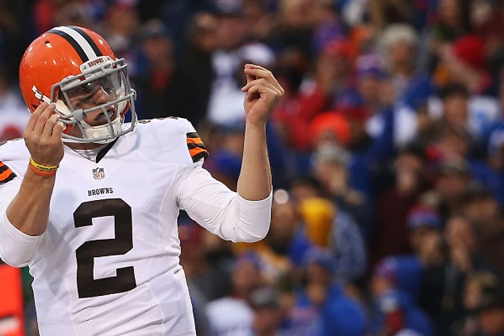 ORCHARD PARK, NY - NOVEMBER 30: Johnny Manziel #2 of the Cleveland Browns celebrates a touchdown against the Buffalo Bills during the second half at Ralph Wilson Stadium on November 30, 2014 in Orchard Park, New York. (Photo by Tom Szczerbowski/Getty Images)