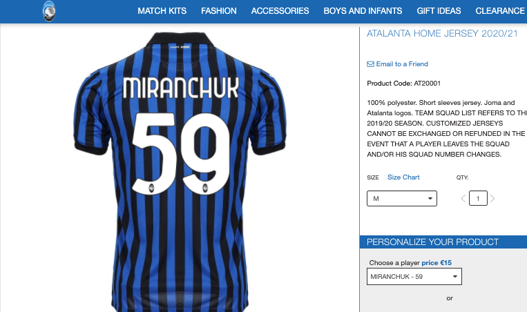 Сколько стоит футболка Миранчука в «Аталанте»?