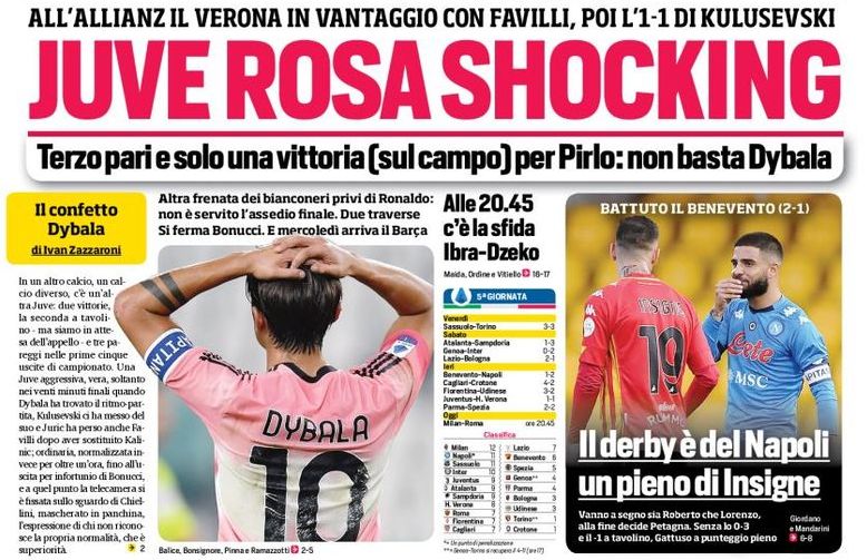 Розовый «Юве» шокирует. Заголовки Gazzetta, TuttoSport и Corriere за 26 октября