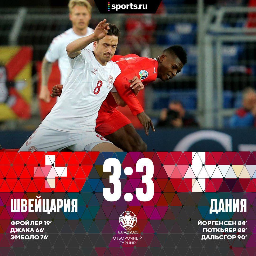 На 84-й минуте Дания летела Швейцарии 0:3, но спаслась. Чудо в отборе на Евро-2020