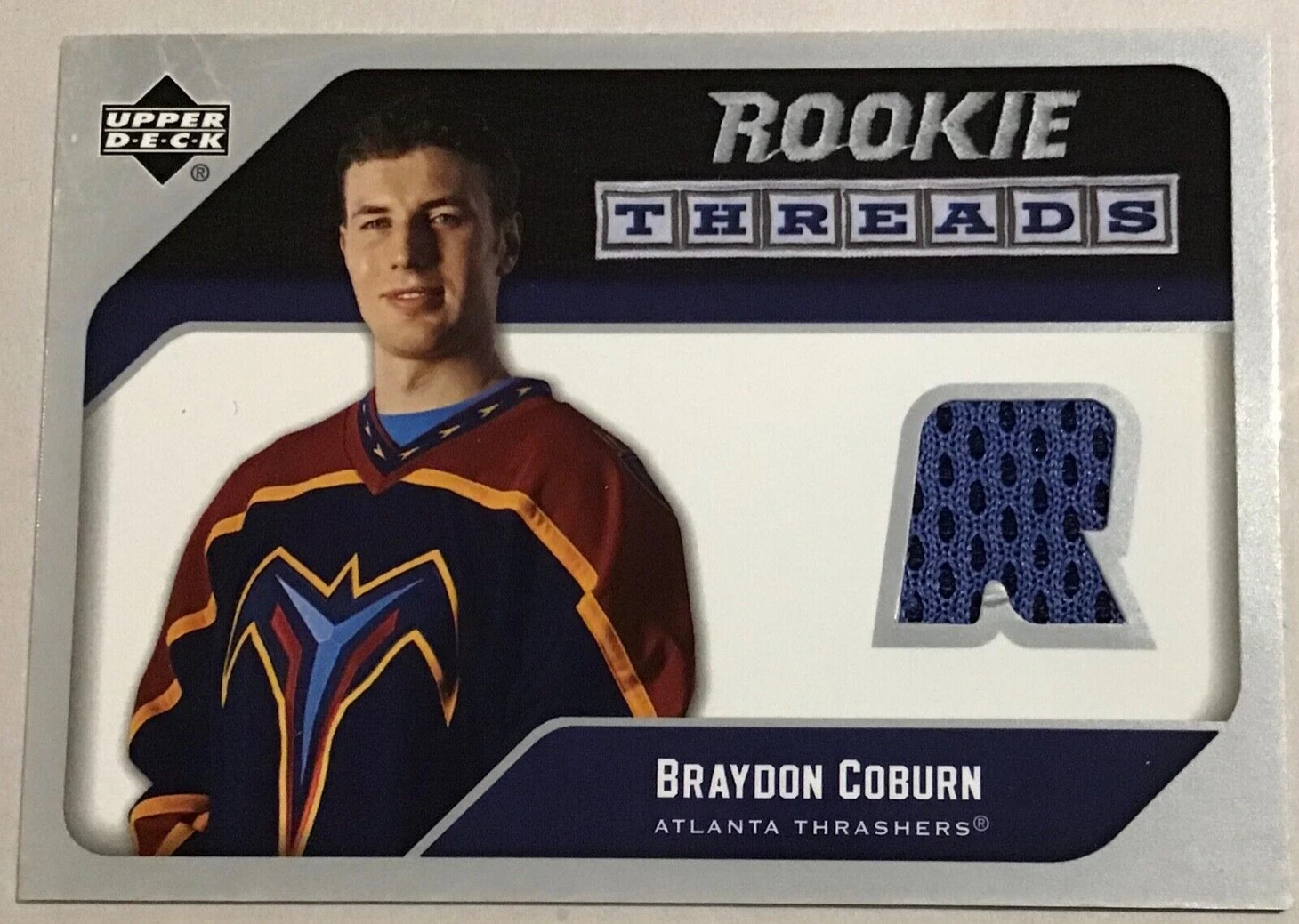2005-06 BRAYDON COBURN UPPER DECK ROOKIE THREADS JERSEY INSERT #RT-BC THRASHERS | eBay
