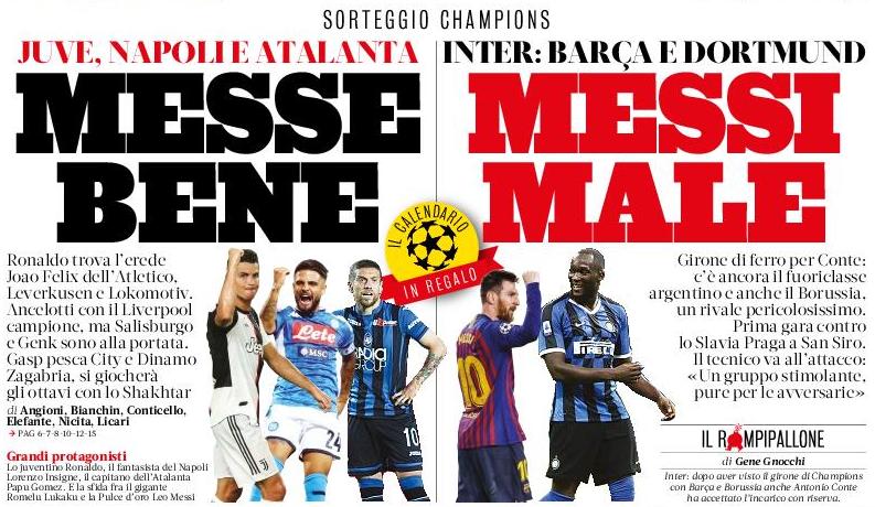 Расклад хорош, Месси плох. Заголовки Gazzetta, TuttoSport и Corriere за 30 августа