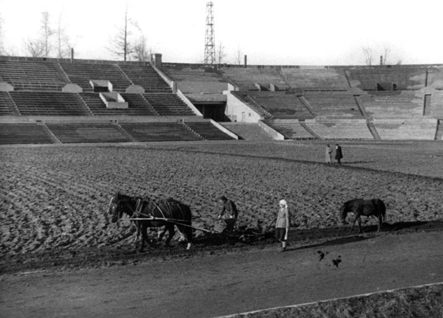 Подготовка футбольного поля московского стадиона «Динамо» к сезону после реконструкции в 1935 году
