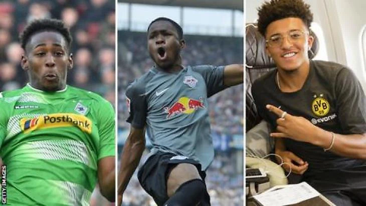 Reece Oxford (left), Ademola Lookman (centre) and Jadon Sancho (right) in Bundesliga