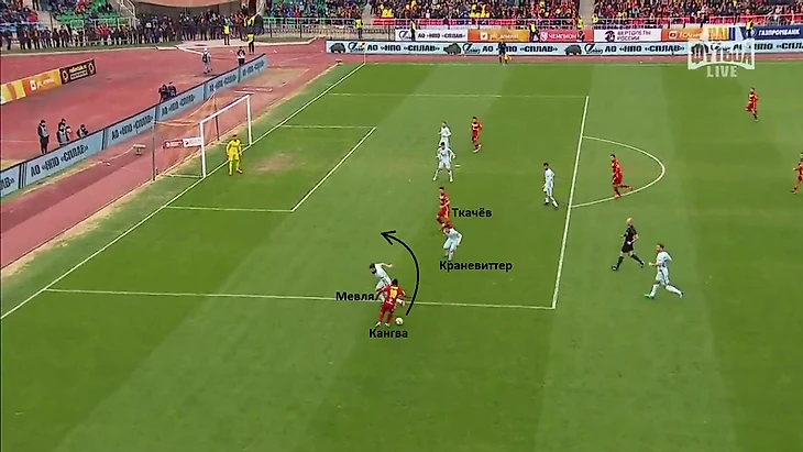 Далее, получив от Дзюбы мяч, Эванс остался 1-в-1 с Мевлей, который не имеет подстраховки. Краневиттер не может выброситься на Кангва, так как у него за спиной Ткачёв. 10 номер &quout;Арсенала&quout; раскачал защитника &quout;Зенита&quout; после чего выдал пас на Ткачёва, который не лучшим образом пробил, однако момент был опаснейший.