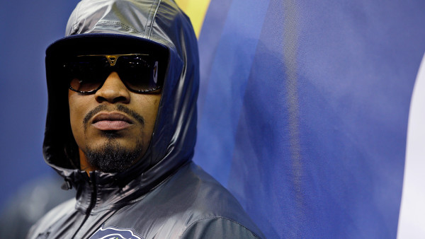 Seattle Seahawks' Marshawn Lynch stands against a wall during media day for the NFL Super Bowl XLVIII football game Tuesday, Jan. 28, 2014, in Newark, N.J. (AP Photo/Matt Slocum)