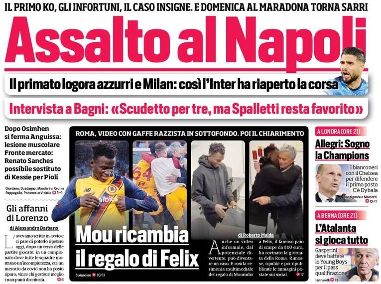 Штурм «Наполи». Заголовки Gazzetta, TuttoSport и Corriere за 23 ноября