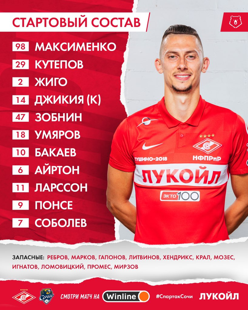 Состав «Спартака» в матче с «Сочи»