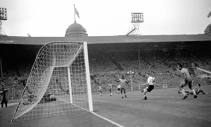 Colin Grainger scores his second goal and England’s fourth in their 4-2 win over Brazil in 1956