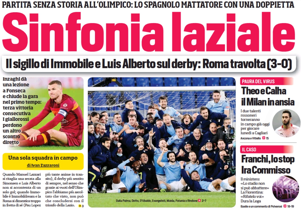 Симфония лациале. Заголовки Gazzetta, TuttoSport и Corriere за 16 января