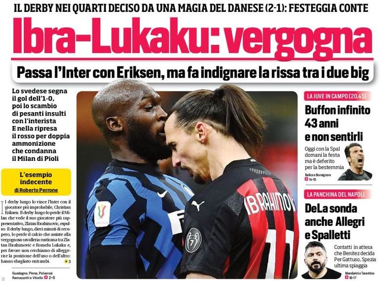 Ибра-Лукаку: позор. Заголовки Gazzetta, TuttoSport и Corriere за 27 января