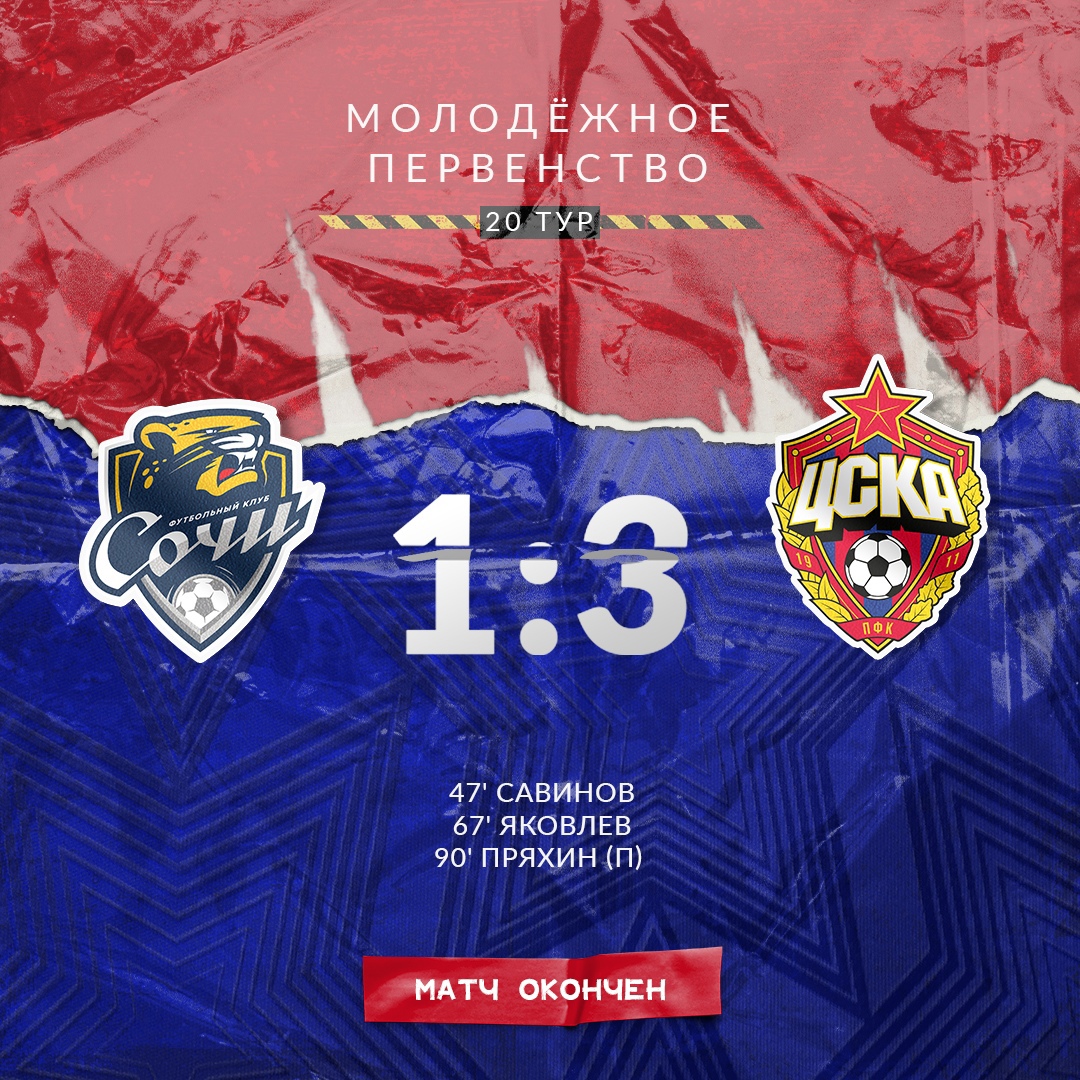 Молодежка ЦСКАU19 одержала волевую победу в Сочи! Это 11-я победа подряд в молодежном первенстве