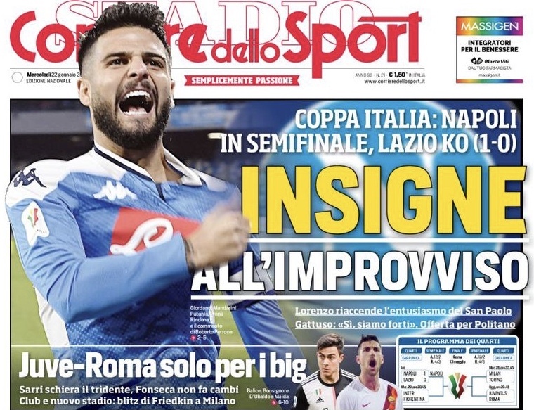 Инсинье врасплох. Заголовки Gazzetta, TuttoSport и Corriere за 22 января
