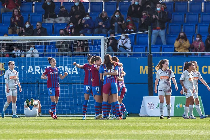 Barcelona players celebrate after scoring a goal during the Primera Iberdrola match between FC Barcelona Femeni and SD Eibar Femenino at Estadi Johan...