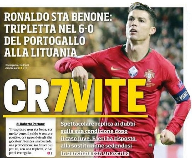 CR7жизней. Заголовки Gazzetta, TuttoSport и Corriere за 15 ноября