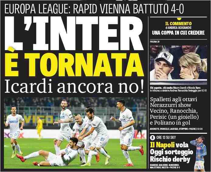 «Интер» вернулся. Икарди – ещё нет! Заголовки Gazzetta, TuttoSport и Corriere за 22 февраля