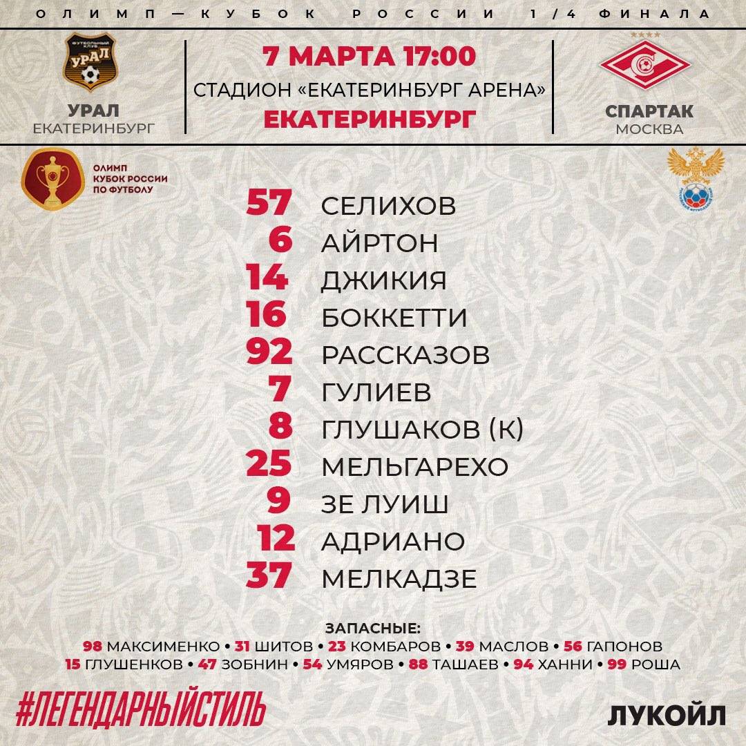Состав «Спартака» в матче с «Уралом»