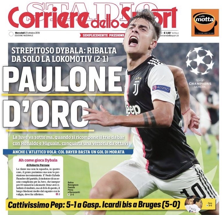 Золотой Паулоне. Заголовки Gazzetta, TuttoSport и Corriere за 23 октября