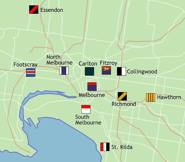 Расположение команд в Мельбурне до 1965 года.