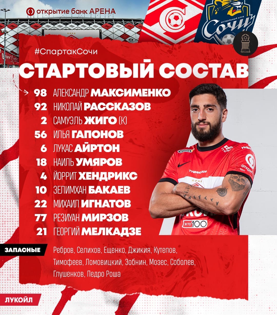 Состав «Спартака» в матче с «Сочи»