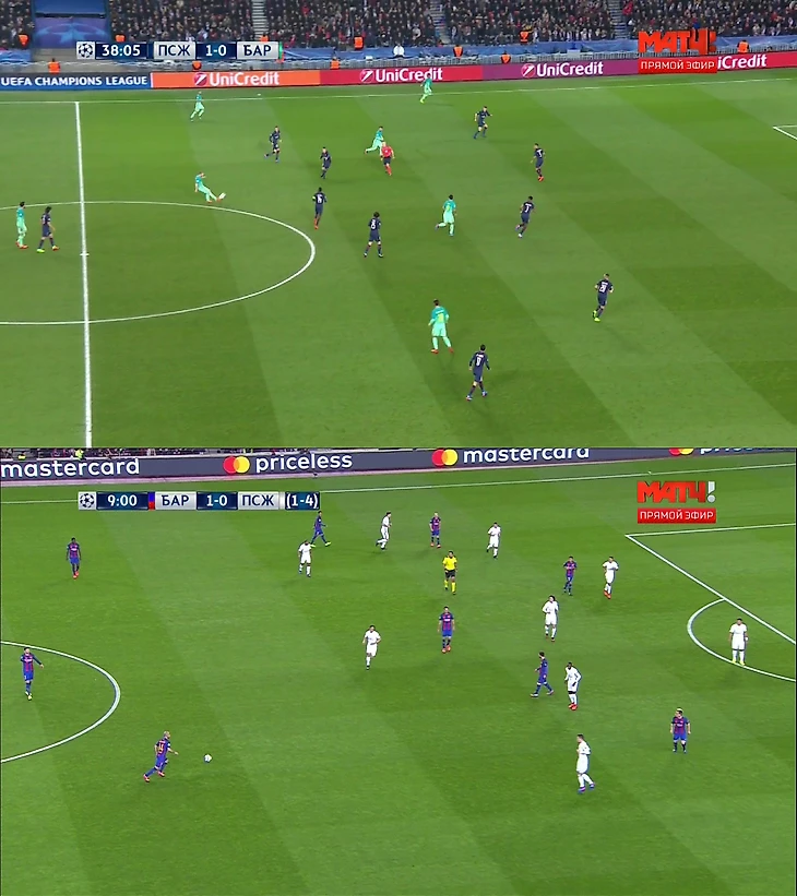 Оборона ПСЖ в Париже и Барселоне. Девять полевых игроков за линией мяча