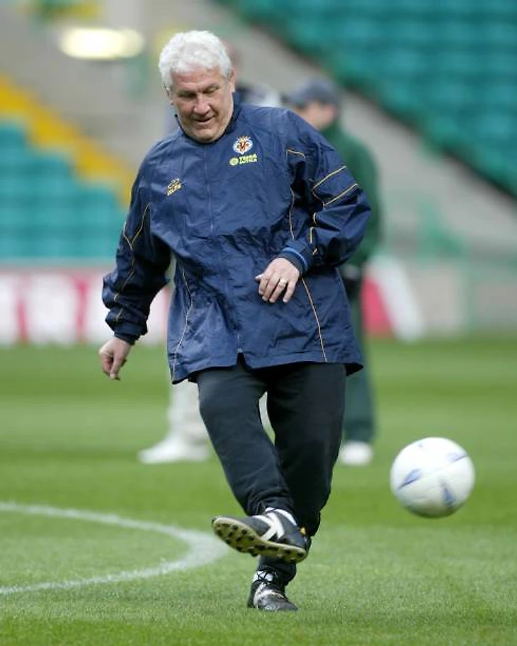 Villarreal coach Francisco Garcia joins in with training as his side get ready to face Celtic in the UEFA Cup.