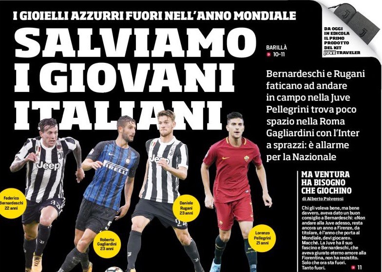 Спасём молодых итальянцев. Заголовки Gazzetta, TuttoSport и Corriere за 15 сентября