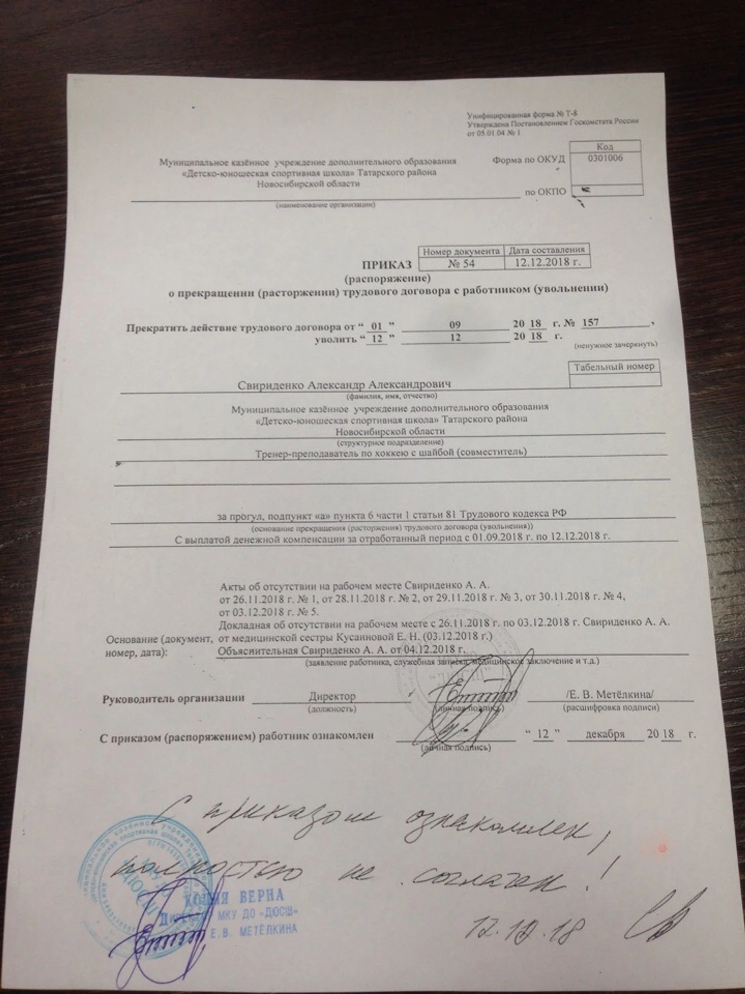 Приказ об увольнении Александра Свириденко