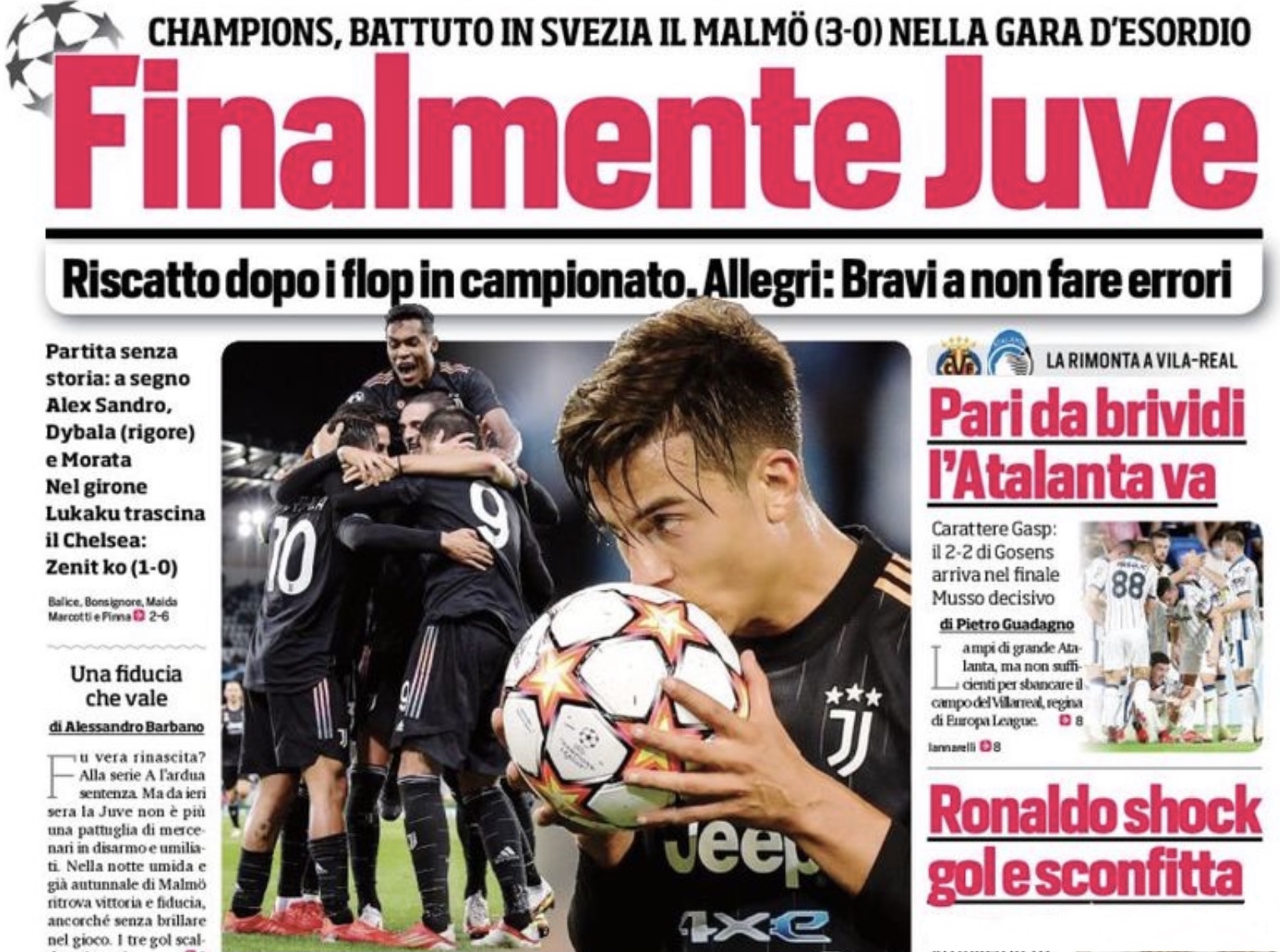 Наконец-то «Юве». Заголовки Gazzetta, TuttoSport и Corriere за 15 сентября