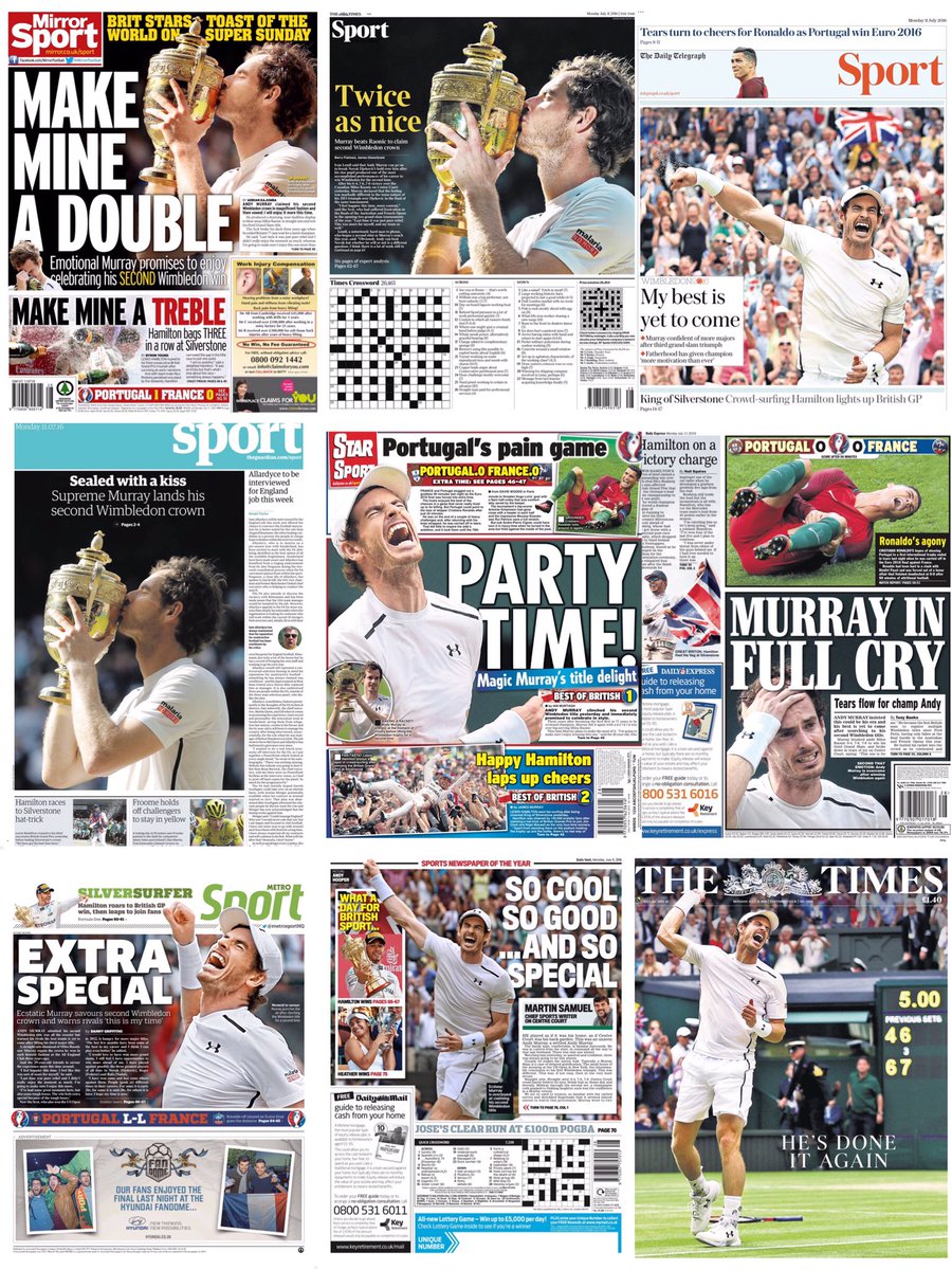Обложки британских газет на утро после Уимблдона-2016