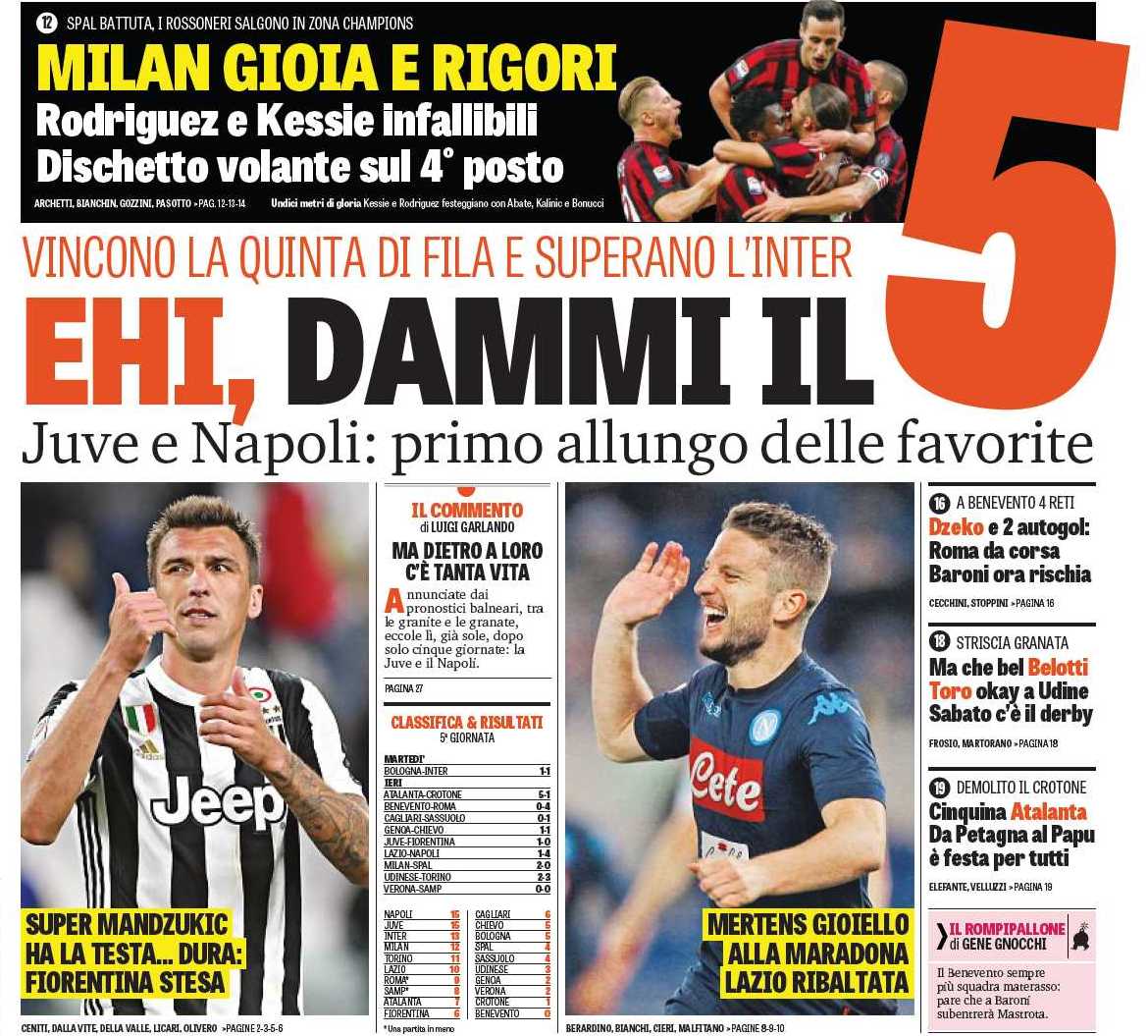 Эй, дай 5. Заголовки Gazzetta, TuttoSport и Corriere за 21 сентября