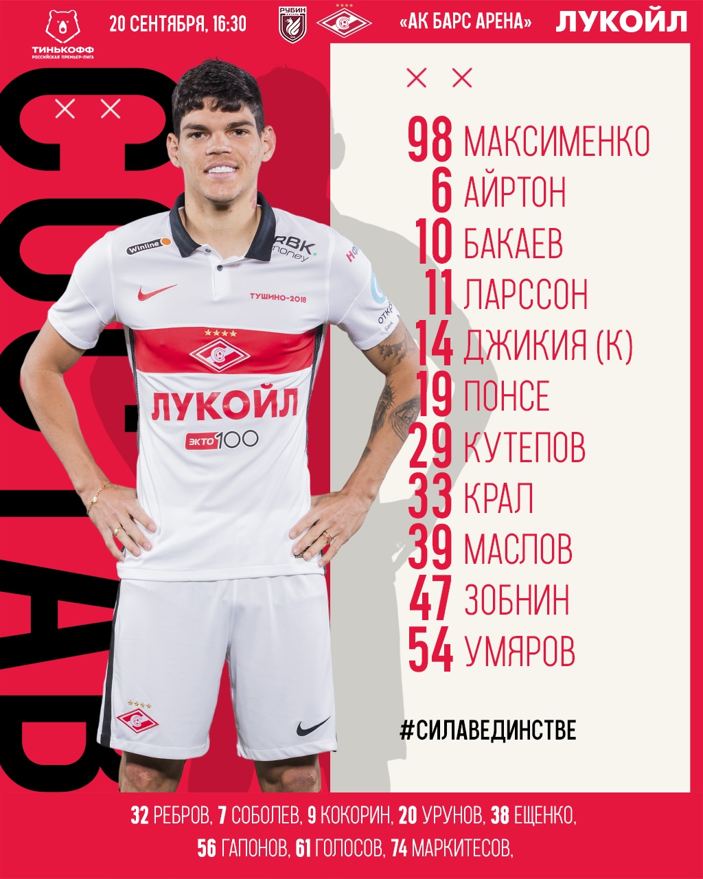 Состав «Спартака» в матче с «Рубином»