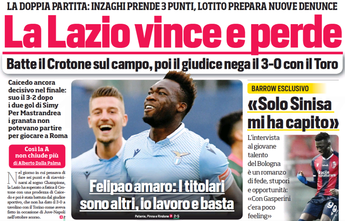 «Лацио» выиграл и проиграл. Заголовки Gazzetta, TuttoSport и Corriere за 13 марта
