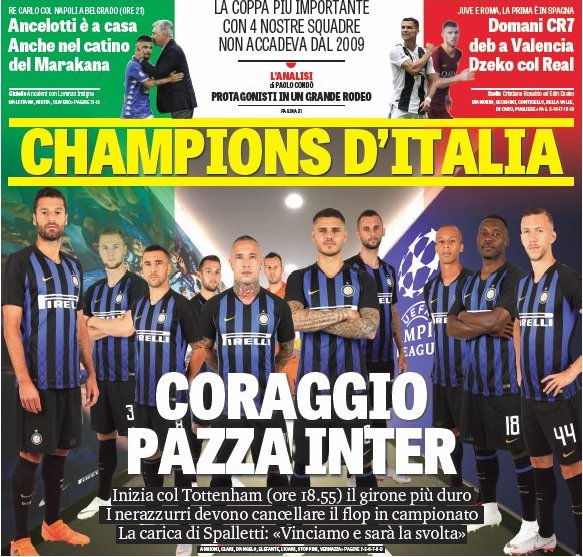 Лига Чемпионов Италии. Заголовки Gazzetta, TuttoSport и Corriere за 18 сентября