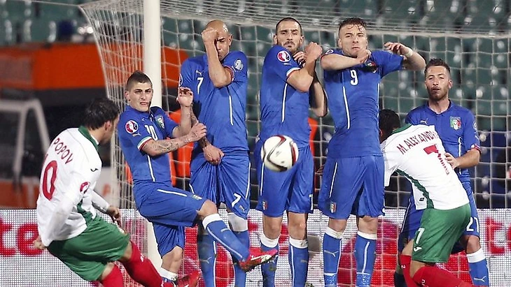 28 марта 2015 года. София. Болгария - Италия - 2:2. Ивелин ПОПОВ (слева) исполняет штрафной удар. Фото REUTERS