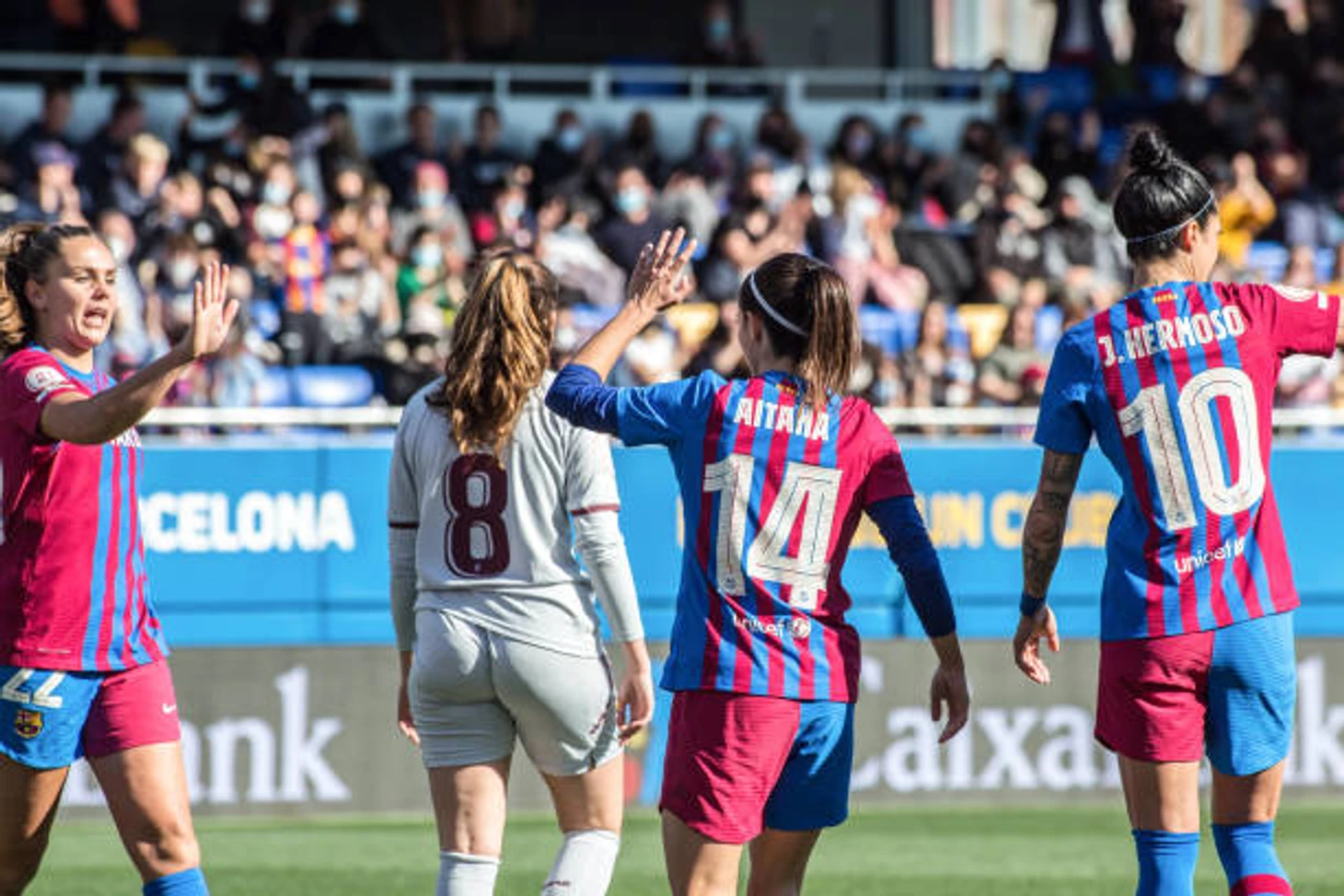 Aitana Bonmati, Lieke Martens and Jenni Hermoso of FC Barcelona celebrate after scoring a goal during the Primera Iberdrola match between FC...