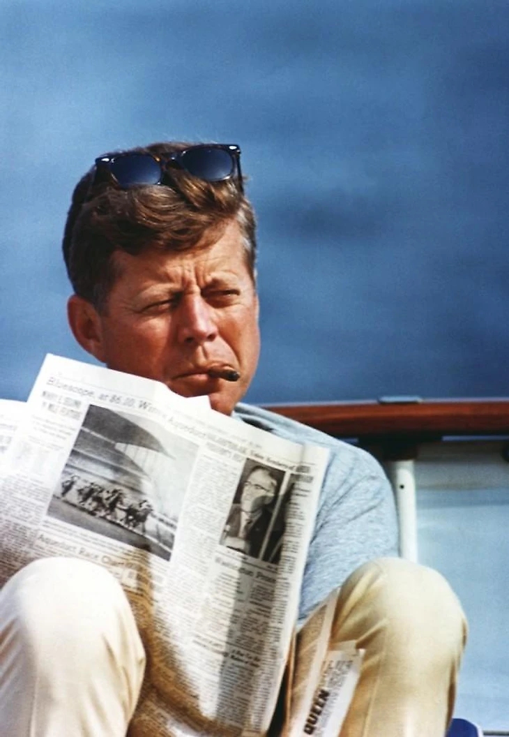 ST-C283-48-63 31 August 1963 President Kennedy aboard the &quout;Honey Fitz&quout;, off Hyannis Port, Massachusetts. Photograph by Cecil Stoughton, White House in the John F. Kennedy Presidential Library and Museum, Boston.