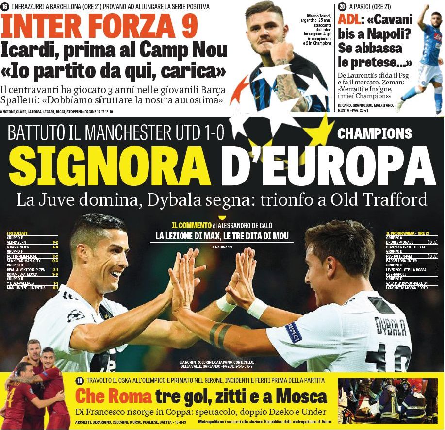 Европейская Синьора. Заголовки Gazzetta, TuttoSport и Corriere за 24 октября