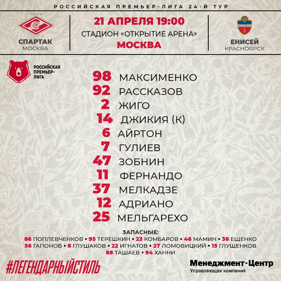 Состав «Спартака» в матче с «Енисеем»