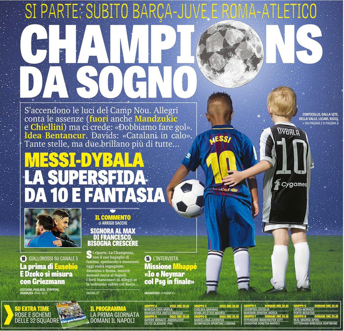 Лига Чемпионов мечты. Заголовки Gazzetta, TuttoSport и Corriere за 12 сентября