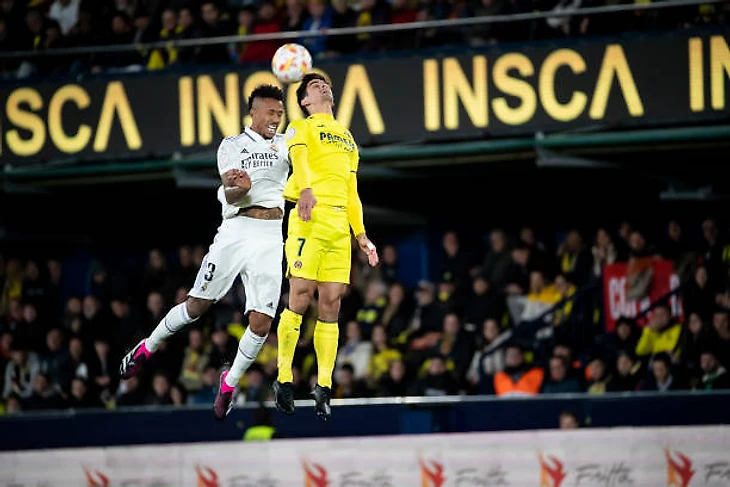 Eder Gabriel Militao of Real Madrid and Villarreal's Gerard Moreno during spainsh King Cup match between Villarreal CF and Real Madrid at La Ceramica...