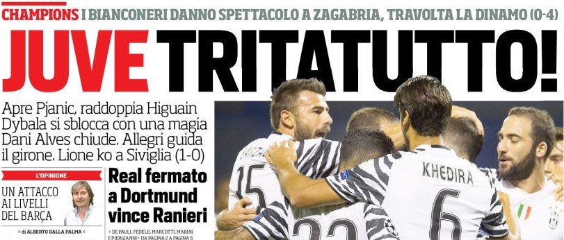 «Мясорубка «Юве»!». Заголовки Gazzetta, TuttoSport и Corriere за 28 сентября