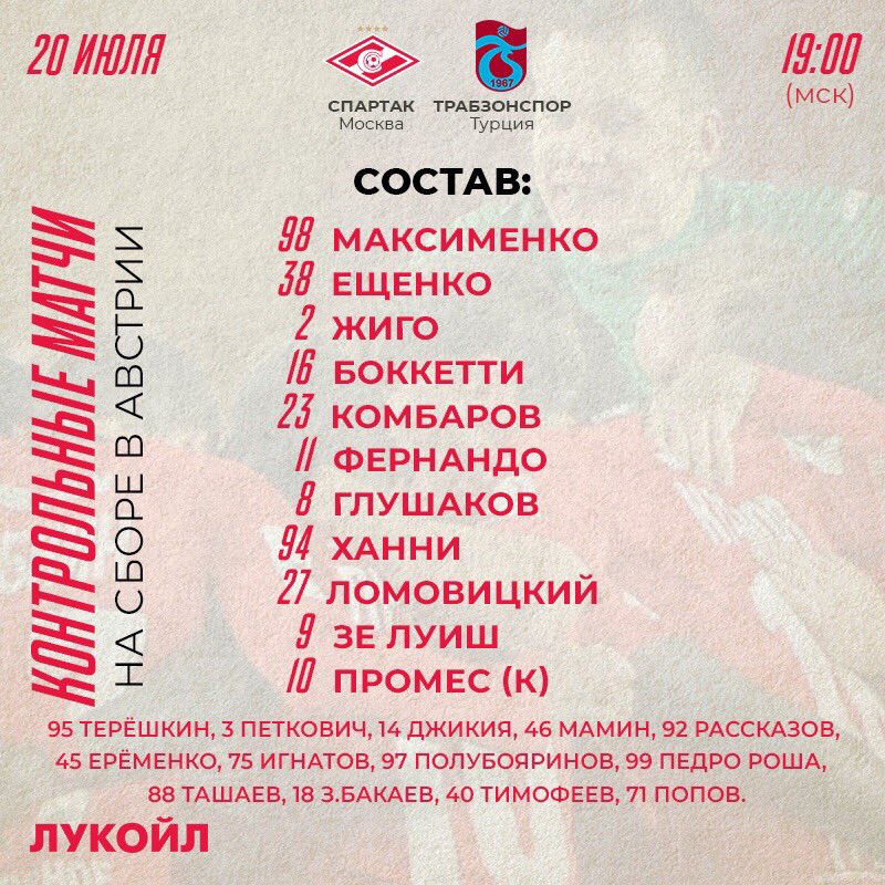 Состав «Спартака» в матче с «Трабзонспором»