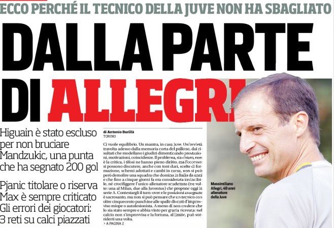 «Со стороны Аллегри». Заголовки Gazzetta, TuttoSport и Corriere за 20 сентября