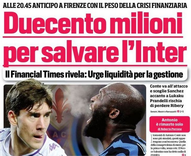 Двести миллионов, чтобы спасти «Интер». Заголовки Gazzetta, TuttoSport и Corriere за 5 февраля