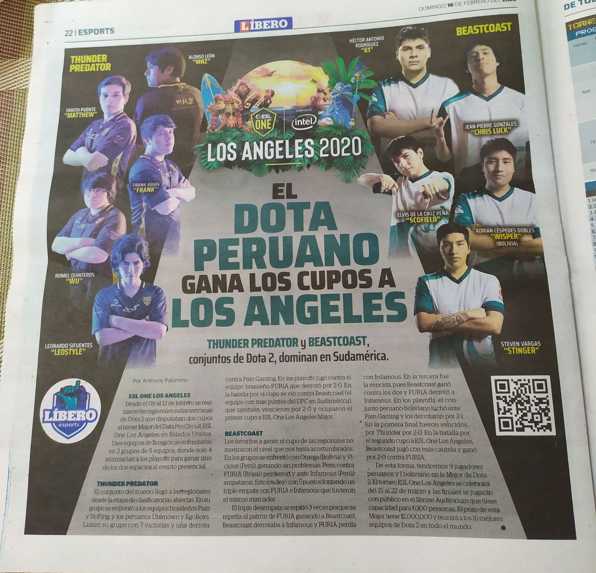 A newspaper article written in Spanish with both Peruvian ESL One LA qualifying teams — Thunder Predator and our very own Beastcoast! The image shows each player on both teams posing. Thunder Predator is on the left and Beastcoast is pictured on the right.