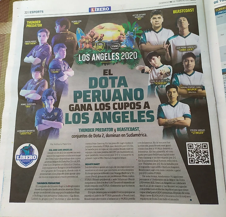 A newspaper article written in Spanish with both Peruvian ESL One LA qualifying teams — Thunder Predator and our very own Beastcoast! The image shows each player on both teams posing. Thunder Predator is on the left and Beastcoast is pictured on the right.